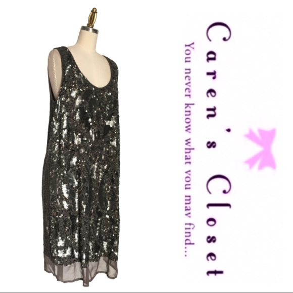 Gold Hawk Gray Sequin  Silk Sleeveless Shift Dress - Picture 4 of 8